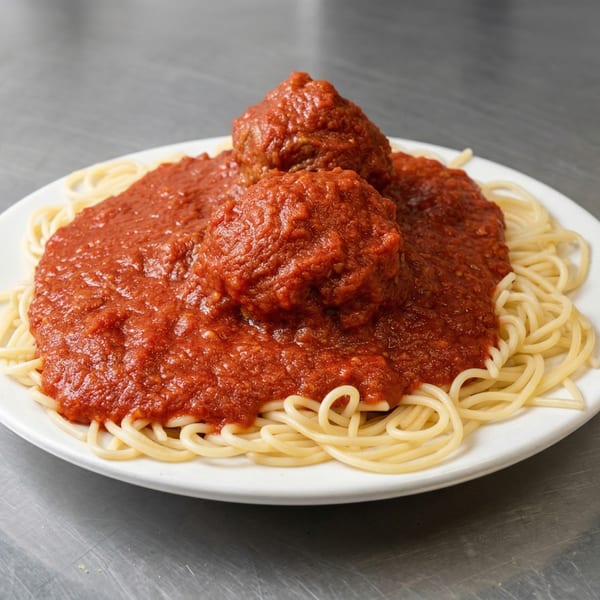 Spaghetti with two large meatballs and rich red marinara sauce on a white plate.