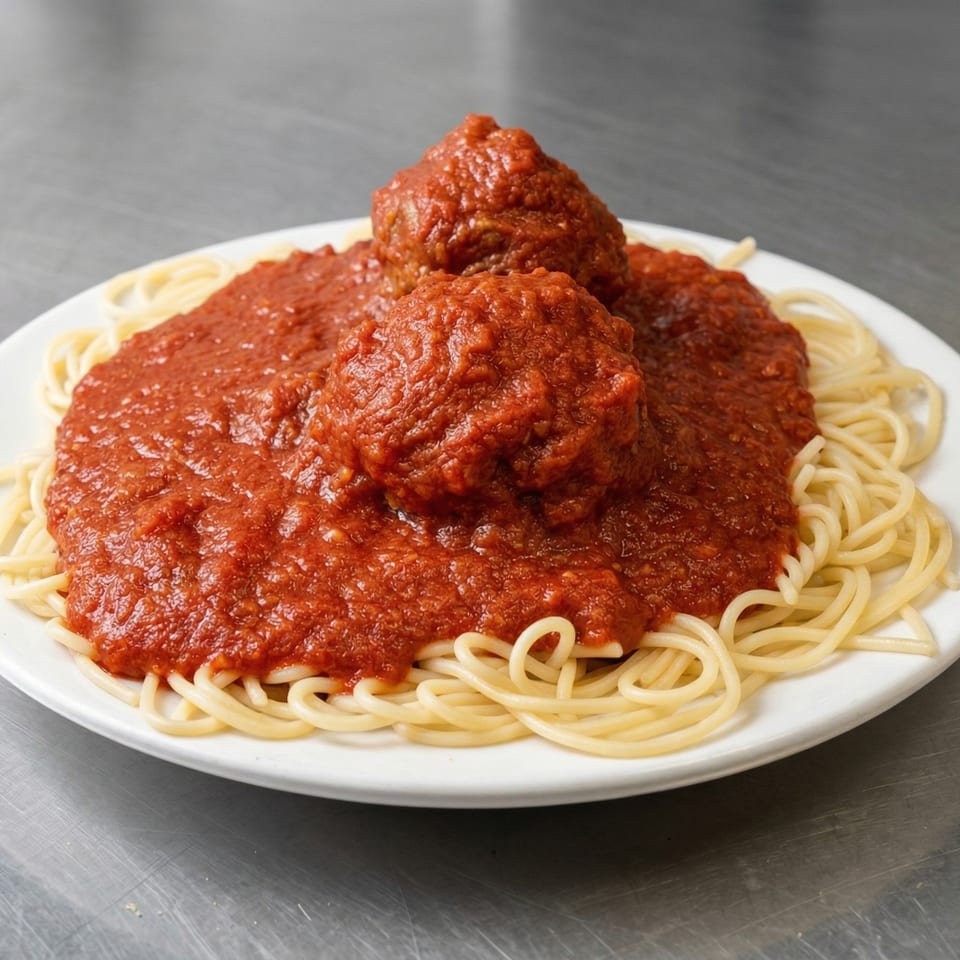 Spaghetti with two large meatballs and rich red marinara sauce on a white plate.